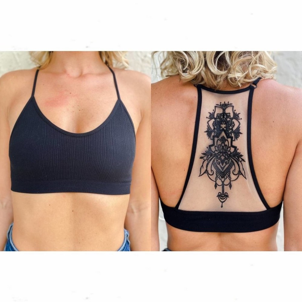 Black Floral Lace Mesh Racerback Tattoo Bralette - Picture 12 of 16